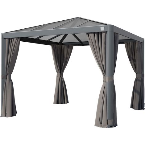 PRIMEYARD Gazebo da Giardino 3x3 m Tetto Hardtop in Policarbonato con 4 Teli Laterali in Grigio