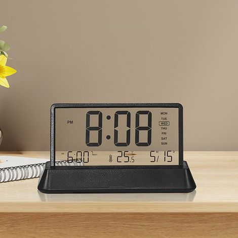 Sveglia digitale LCD, tre allarmi, display trasparente della temperatura, data, giorno della settimana, funzione snooze, modello da tavolo. (1/5)