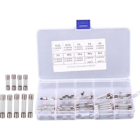 Eosnow Assortiment de tubes à fusibles en verre pour voiture, 100 pièces, 5x20mm, 6x30mm, 0,2a, 0,5a, 1A, 2A, 3A, 5A, 10A, 15A, 20A, 30A (1/4)