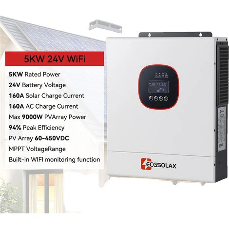 Inversor solar híbrido, onda sinusoidal pura, monitorización WiFi integrada, 5000 W 24 V (1/2)