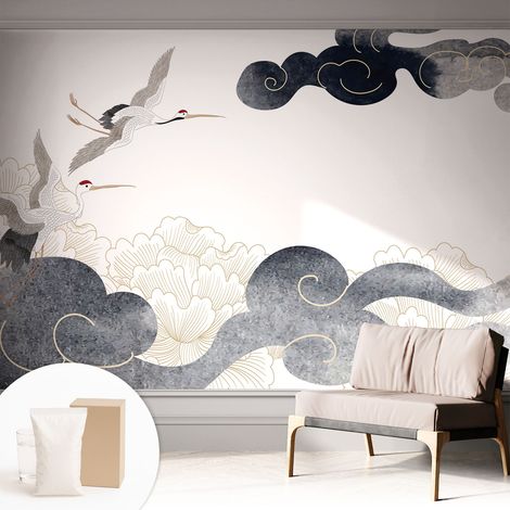 Papier peint intissé mural avec imprimé motifs uniques apparence moderne - Colle incluse gratuite Grues en vol 312x219 cm (1/5)