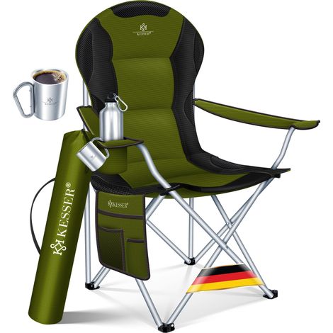 KESSER® Campingstuhl faltbar bis 150 kg Angelstuhl Faltstuhl Klappstuhl Gepolstert mit Armlehnen und Getränkehalter + Tasche mit hoher Rückenlehne Khaki / Schwarz (1/4)