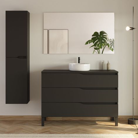 Meuble de salle de bain 120cm avec plateau et vasque ronde Ares - 3 tiroirs et colonne de rangement - noir mat - MATA