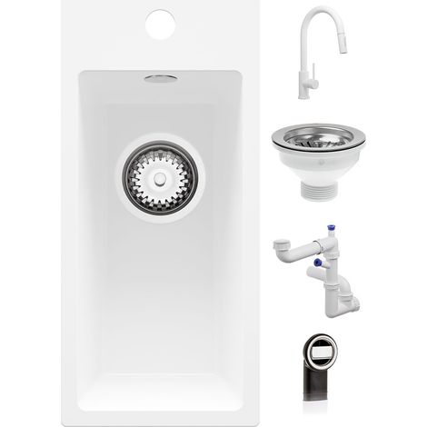 PRIMAGRAN Evier Cuisine en Granit 23x50cm,Lavabo 1 Bac + Robinet 40x20cm + Kit de Vidage, Évier à Encastrer au Meuble 25cm - Riga, Blanc (1/5)