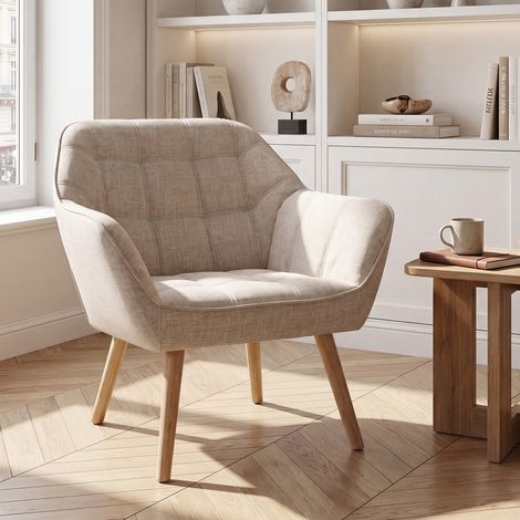 Wahson Linen Upholstered Accent Chair - Modern Tub Armchair with Metal Legs for Bedroom Living Room, 1-Pack,Beige