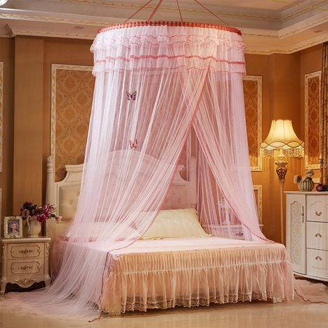 Moustiquaire de plafond de moustiquaire dentelle idyllique princesse lit protection auvent moustiquaire grande moustiquaire literie rêve papillon lumineux moustiquaire ronde, Rose Clair