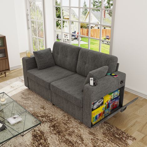 Canapé deux places avec deux tiroirs de rangement et ports de charge USB, avec porte-gobelets et poches latérales, doté de compartiments de rangement dissimulés. Convient au salon, aux appartements et (1/5)