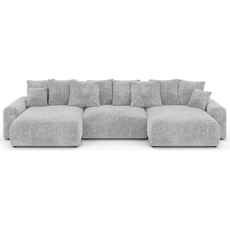 OLI - Canapé panoramique convertible tissu chenille 5 places - Gris clair