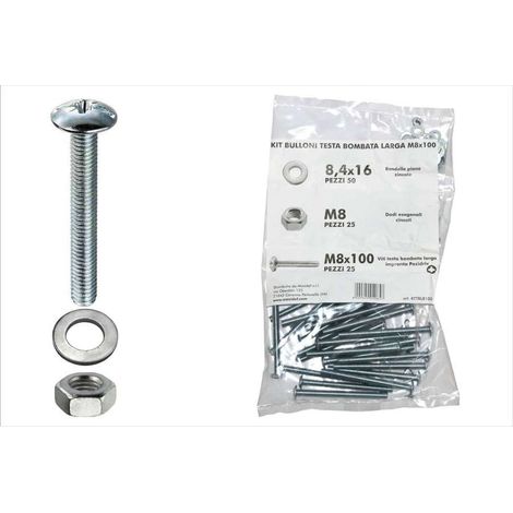 Kit viti testa bombata larga Ø 8 x 100 + dadi + rondelle - 100 pz.