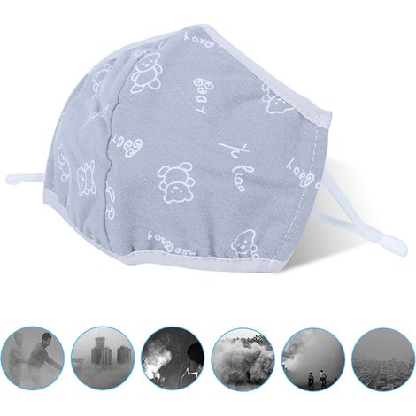 Masque quotidien en coton respirant anti-poussière pour enfants, masque de protection respiratoire lavable et anti-smog, imprimé gris. (1/5)