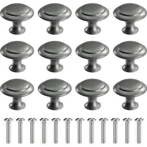 12 pomos redondos de color gris oscuro de 30 mm con tornillos para armarios, escritorios y librerías. (1/5)