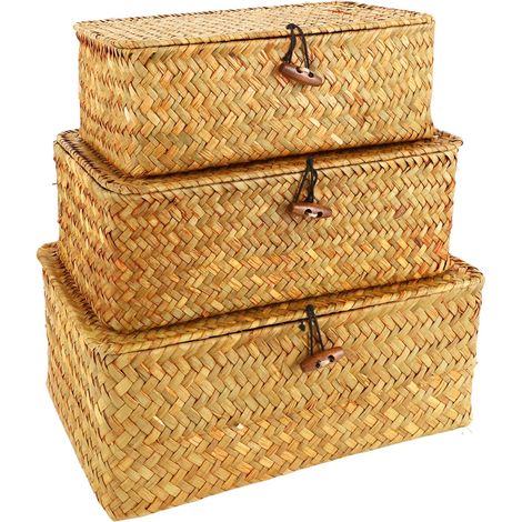 Lot de 3 paniers de rangement rectangulaires en jonc de mer avec couvercle, panier tressé en jonc de mer naturel, paniers en osier pour étagères, organisation du jonc de mer naturel (1/5)