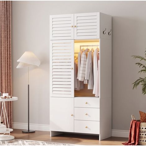 MODFU – Armario 90x50x200 cm de aglomerado con cesto de ropa extraíble, LED, 3 cajones, ropero y carga 30/20 kg – Blanco (1/5)