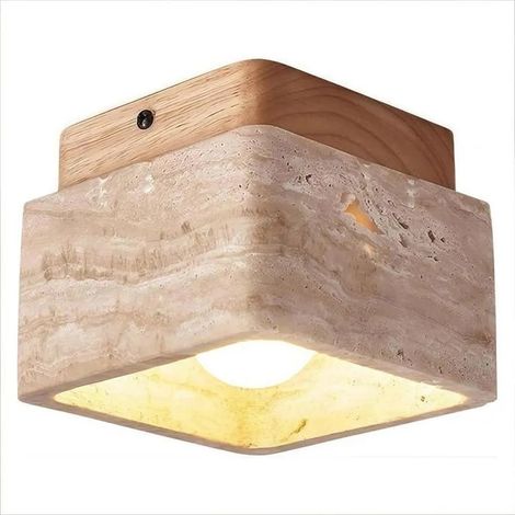 Plafonnier Vintage en Carré,Lampe de Plafond Abat-jour en Travertin Jaune Naturel Lustre Retro Bois Brut pour Salon Chambre (1/5)