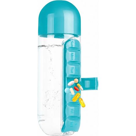 Bouteille d'eau bleue 2 en 1 avec pilulier, bouteille de sport portable avec compartiment de rangement