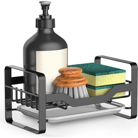 Porta spugna per lavello da cucina, dispenser di sapone e organizer per spazzole, organizer per lavello da banco con vassoio di scarico rimovibile