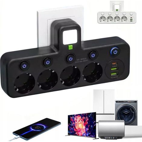 5 en 1 Multiprise Electrique, 2500W / 10A, avec 4 Prises Française 2 USB A et 1 Type C, Noir (1/5)