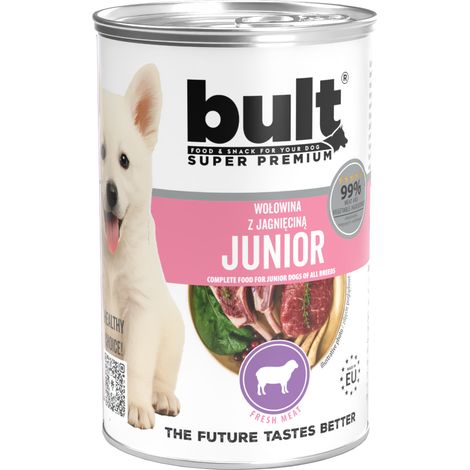 Alimento húmedo para perros BULT Junior, sabor a ternera y cordero, lata de 400 g.
