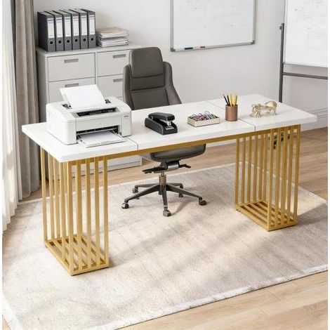 Bureau 180x79x78 cm blanc et doré en bois et métal avec patins réglables (1/5)