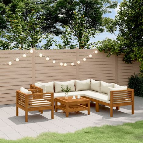 7-tlg. Garten-Lounge-Set mit Creme Kissen Massivholz Akazie