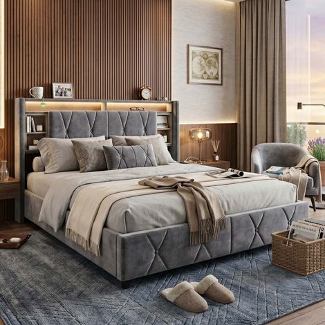 Creahappy Lit Coffre 160x200 cm avec Rangement - Gain de Place - Tête de Lit LED USB Type-C Velours Gris - Contemporain (1/5)