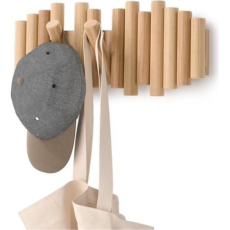 5 Patère Murale 5 crochets, en Bois Naturel, 37,1x16CM (1/5)