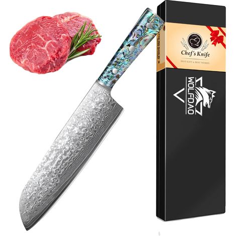 Coltello Santoku, lama in acciaio Damasco, manico in conchiglia di abalone, MULTI (1/2)