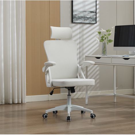 Chaise de bureau ergonomique blanche en tissu rembourré avec dossier en maille, appui-tête et accoudoirs relevables