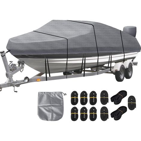 Bâche de bateau imperméable en tissu Oxford 420D - Bâche de protection pour bateau en V, rameur, bateau de pêche, gris (17-19 ft)