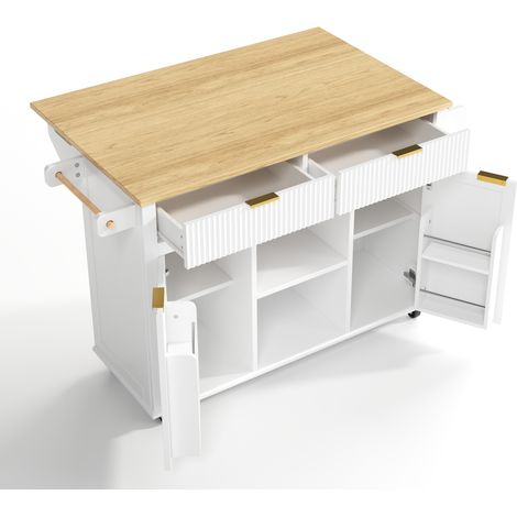 Isla de cocina con ruedas 143x45 cm extensible, 2 cajones 2 puertas, blanca y natural (1/5)