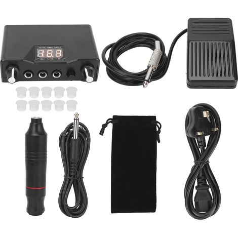 Kit de stylo tatouage professionnel avec machine, pédale et bloc d'alimentation noir (90-250V) prise UK (1/5)