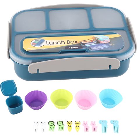 Set mit 16 wiederverwendbaren Bento-Boxen, 1300 ml, 4 Fächer mit Löffel für Erwachsene, Obst - Blau (1/5)