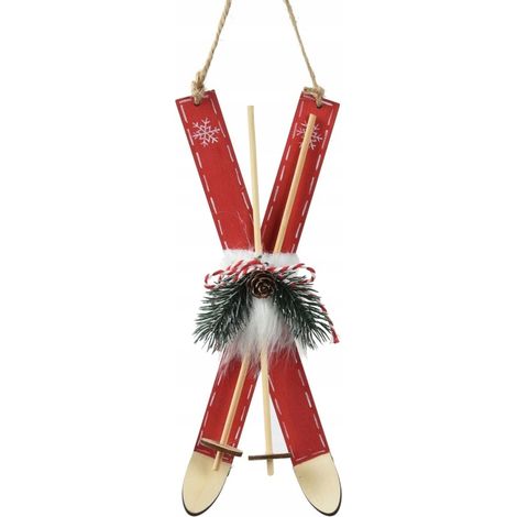 Pendentif sapin de Noël en bois, motif skis, boule de Noël, 23 cm, 1 pièce (1/2)