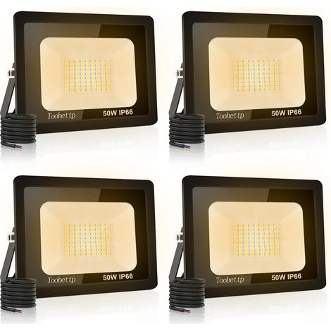 4PCS Projecteur LED Extérieur, 50W Spot LED Exterieur 5000LM 3500K Blanche Chaude Éclairage de Sécurité Extérieur IP66 Imperméable pour Garage Jardin Terrasse Parking