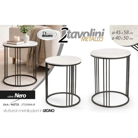 Set 2 tavolini tondi in ferro colore nero/bianco