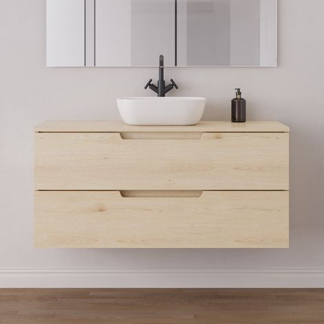 Meuble de salle de bain 120cm avec plateau et vasque à poser arrondie - 2 tiroirs - sans miroir - roble calima (bois clair) - SONRIZA (1/5)