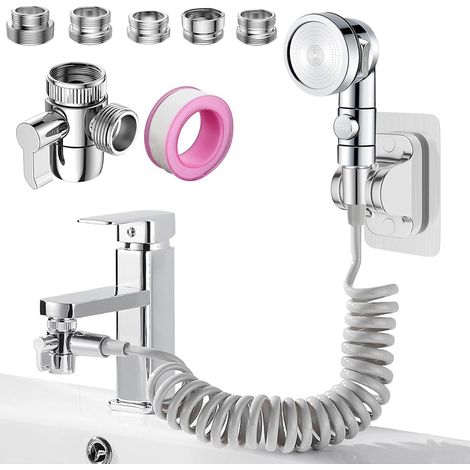 Kit de douchette pour robinet d'évier, pommeau de douche pour cuisine, salle de bain et bain d'animaux avec flexible de 3 m et adaptateurs mélangeurs G1/2/M22/M24/M26/M28, pour cheveux (1/5)