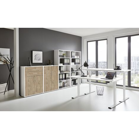 BMG Möbel Büromöbel-Set, e-Office Edition Set 21, Schreibtisch höhenverstellbar, 138 cm, weiß/ Gold Harbor Oak