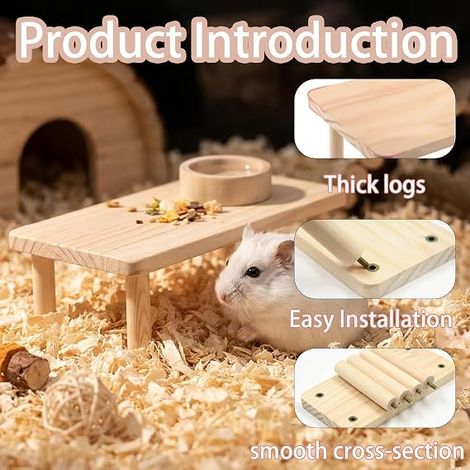 Wooden Platform for Hamster and Small Rodents - Climbing Table with Ladder, Hideout and Rest Area, Cage Accessory 9 x 8 x 15 cm for Gerbil and Mouse (1/4)