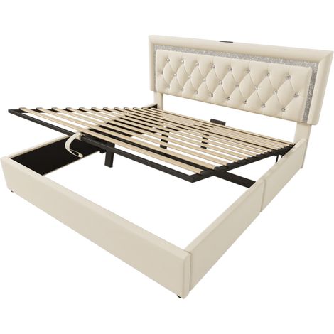 Cama tapizada 160x200 cm en terciopelo beige con LED, USB-C, almacenaje y somier (1/5)