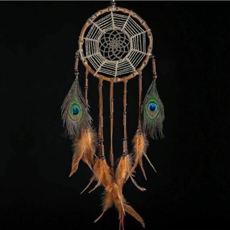 Handmade bamboo dreamcatcher – Bohemian Native American style decoration – Natural feathers and beads – 18 cm diameter for bedroom and living room (1/5)