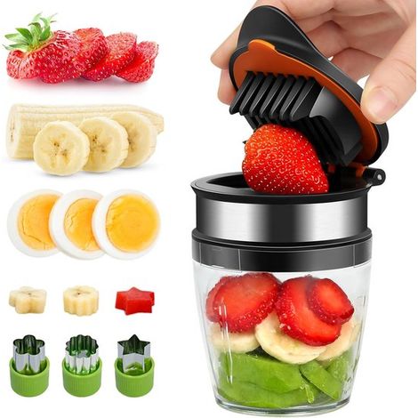Affettatrice per frutta a 2 pezzi, affettatrice per pomodori, affettatrice per uva, mandolina, utensile da cucina, affettatrice per insalata, affettatrice per uova, affettatrice per erbe aromatiche, a (1/5)