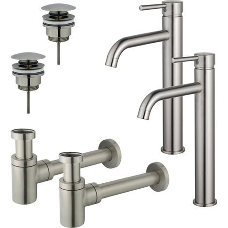 FugaFlow Eccelente Sobrado Kit robinet lavabo - pour double vasque - robinet rehaussé - bonde clic clac - siphon design bas - Inox brossé PVD (1/4)