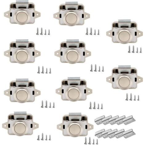 10 Verrous à Bouton-Poussoir 14–16 mm pour Meubles, Camping-Cars, Bateaux et Caravanes – Finition Nickel Perlé
