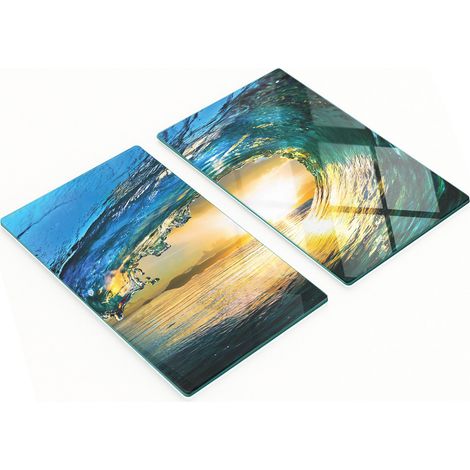 Juego de dos tablas de cocina decorativas de cristal con dise帽o de olas marinas, 2x30x52 cm.