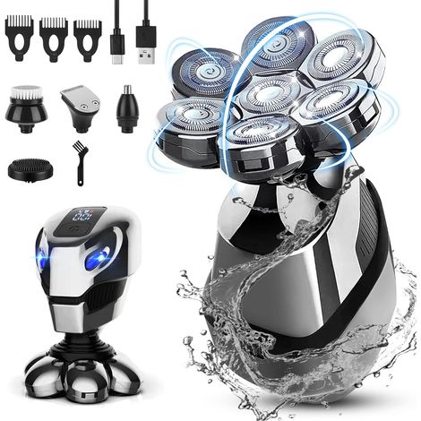 Tondeuse Pour Tête - Tête Rasoir Électrique Rotatif 7D Flottant - Étanche IPX7 - Rechargeable USB - Usage Humide ou Sec - Kit 5-en-1 avec Peigne Limiteur 3 mm 5 mm 7 mm - 1 Pièce