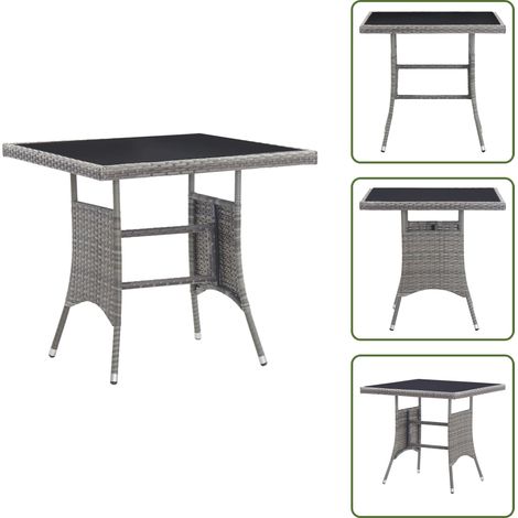 The Living Store Table de jardin gris 80x80x74 cm résine tressée - Table De Jardin - Table Extérieure - Mobilier De Jardin - Table En Résine Tressée - Table Avec Dessus En Verre (1/5)