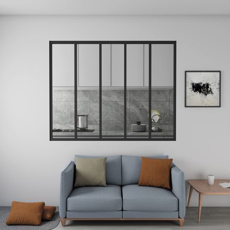 Verrière atelier fixe - Kit en aluminium noir mat - Dimensions : 153 x 108 cm - 5 carreaux de vitrage inclus