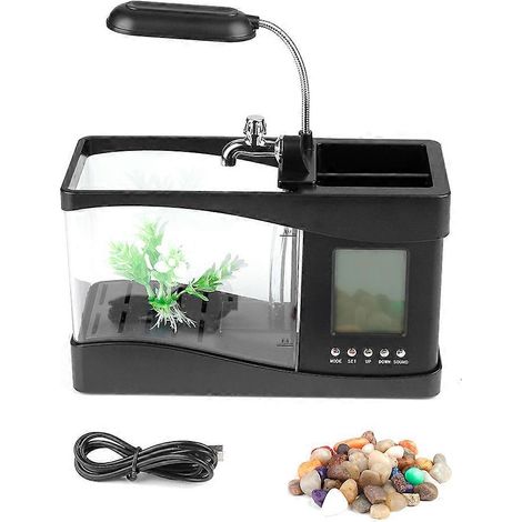 Mini aquarium multifonctionnel rechargeable par USB avec horloge et éclairage LED noir (1/4)