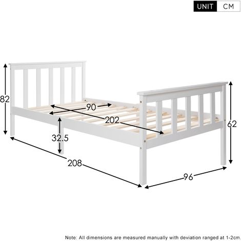 Lit simple en bois massif pin blanc avec sommier à lattes - 90x200 cm, cadre de lit avec tête de lit pour enfant et adolescent (1/5)